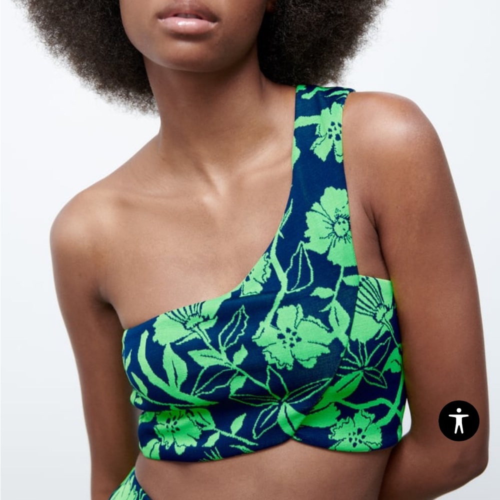 ZARA Jacquard top with asymmetric neckline and strap Blue Green Crop Top Large - Picture 1 of 15